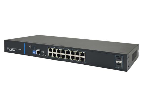 Zarządzalny przełącznik L2 (switch) 16 portów RJ45 PoE+ 1Gb/s + 2 porty SFP Uplink 1Gb/s (budżet mocy 150W) + 1 port konsolowy RJ45 AVIZIO - obrazek 2