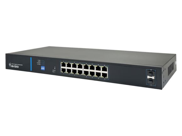 Niezarządzalny przełącznik (switch) 16 portów RJ45 PoE+ 1Gb/s + 2 porty SFP Uplink 1Gb/s (budżet mocy 150W) AVIZIO - obrazek 2