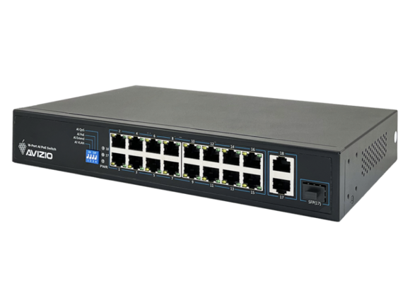 Niezarządzalny przełącznik (switch) 18xRJ45 - 16 portów RJ45 PoE+ 100Mb/s + 2 porty RJ45 Uplink 1Gb/s (budżet mocy 150W) AVIZIO - obrazek 2