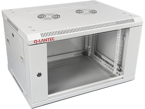 Szafa wisząca 19" 4U 600x450, niedzielona, drzwi szklane jednoskrzydłowe, tył osłona pełna, osłony boczne zamykane na klucz, kolor szary FLAT PACK, Q-LANTEC - obrazek 2