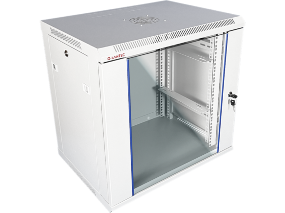 Szafka rack wisząca 19" 9U 600x450, niedzielona, drzwi szklane jednoskrzydłowe, tył osłona pełna, osłony boczne zamykane na klucz, kolor szary Q-LANTEC - obrazek 2