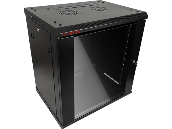 Szafka rack wisząca 19" 9U 600x450, niedzielona, drzwi szklane jednoskrzydłowe, tył osłona pełna, osłony boczne zamykane na klucz, kolor czarny FLAT PACK, Q-LANTEC - obrazek 2