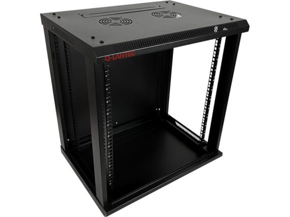 Szafka rack wisząca 19" 9U 600x450, niedzielona, drzwi szklane jednoskrzydłowe, tył osłona pełna, osłony boczne zamykane na klucz, kolor czarny FLAT PACK, Q-LANTEC - obrazek 3