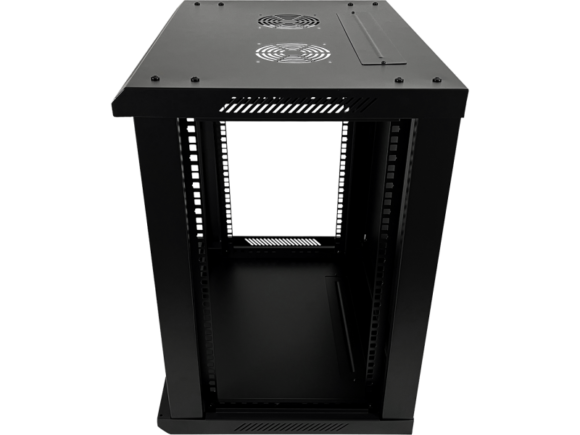 Szafka rack wisząca 19" 9U 600x450, niedzielona, drzwi szklane jednoskrzydłowe, tył osłona pełna, osłony boczne zamykane na klucz, kolor czarny FLAT PACK, Q-LANTEC - obrazek 5