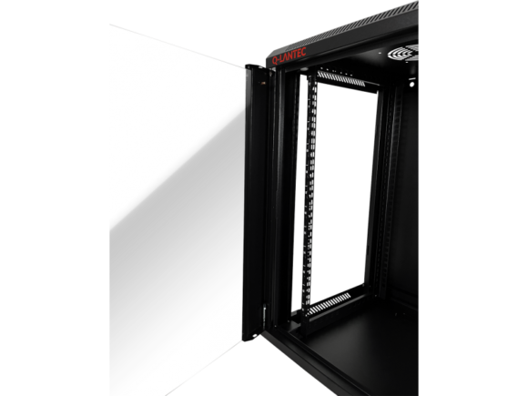 Szafka rack wisząca 19" 9U 600x450, niedzielona, drzwi szklane jednoskrzydłowe, tył osłona pełna, osłony boczne zamykane na klucz, kolor czarny FLAT PACK, Q-LANTEC - obrazek 6