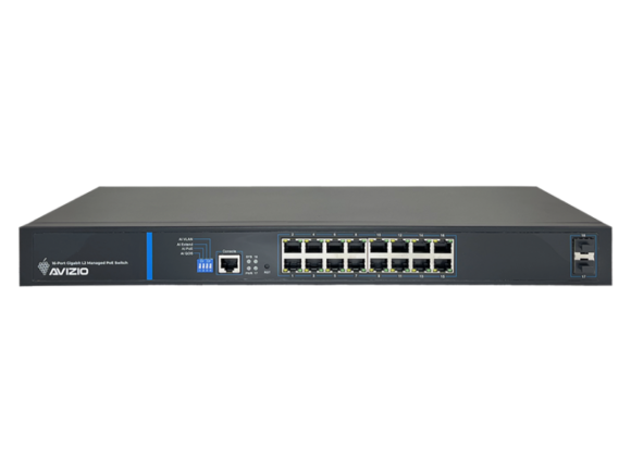 Zarządzalny przełącznik L2 (switch) 16 portów RJ45 PoE+ 1Gb/s + 2 porty SFP Uplink 1Gb/s (budżet mocy 150W) + 1 port konsolowy RJ45 AVIZIO