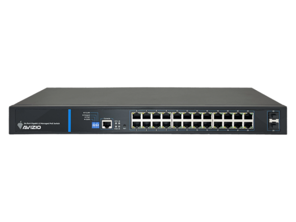 Zarządzalny przełącznik L2 (switch) 24 porty RJ45 PoE+ 1Gb/s + 2 porty SFP Uplink 1Gb/s + 1 port konsolowy RJ45 (budżet mocy 250W) AVIZIO