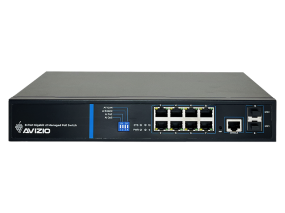Zarządzalny przełącznik L2 (switch) 8 portów RJ45 PoE+ 1Gb/s + 2 porty SFP Uplink 1Gb/s + 1 port konsolowy RJ45 (budżet mocy 150W) AVIZIO