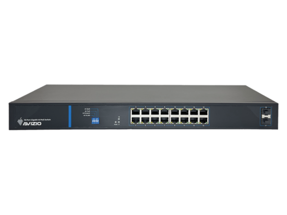 Niezarządzalny przełącznik (switch) 16 portów RJ45 PoE+ 1Gb/s + 2 porty SFP Uplink 1Gb/s (budżet mocy 150W) AVIZIO