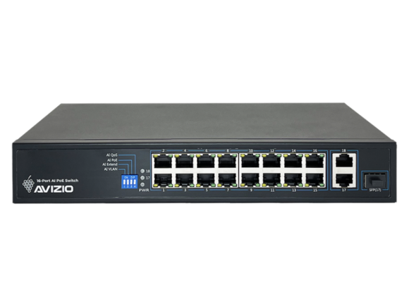 Niezarządzalny przełącznik (switch) 18xRJ45 - 16 portów RJ45 PoE+ 100Mb/s + 2 porty RJ45 Uplink 1Gb/s (budżet mocy 150W) AVIZIO