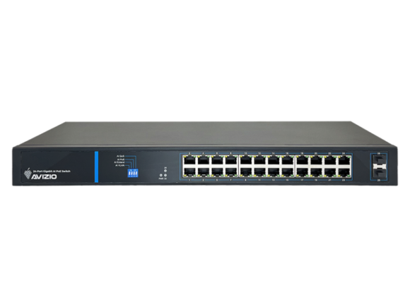 Niezarządzalny przełącznik (switch) 24 porty RJ45 PoE+ 1Gb/s + 2 porty SFP Uplink 1Gb/s (budżet mocy 250W) AVIZIO