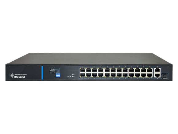 Niezarządzalny przełącznik (switch) 24 porty RJ45 PoE+ 100Mb/s + 2 porty RJ45 Uplink 1Gb/s (budżet mocy 250W) AVIZIO