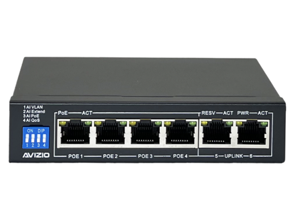 Niezarządzalny przełącznik (switch)  6xRJ45 - 4 porty RJ45 PoE+ 1Gb/s + 2 porty RJ45 Uplink 1Gb/s (budżet mocy 60W) AVIZIO