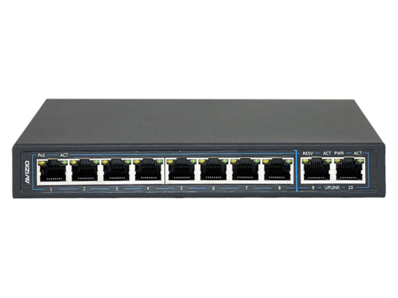 Niezarządzalny przełącznik (switch) 10xRJ45 - 8 portów RJ45 PoE+ 1Gb/s + 2 porty RJ45 Uplink 1Gb/s (budżet mocy 96W) AVIZIO