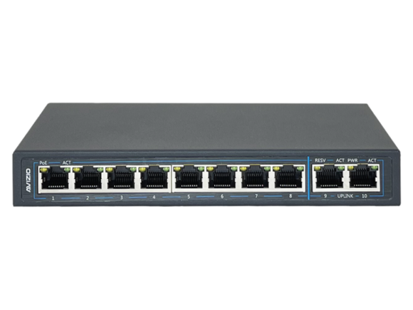 Niezarządzalny przełącznik (switch) 10xRJ45 - 8 portów RJ45 PoE+ 100Mb/s + 2 porty RJ45 Uplink 1Gb/s (budżet mocy 96W) AVIZIO