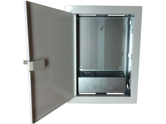 Obudowa / szafka lokalowa, multimedialna 350x250x90, podtynkowa, drzwi perforowane, 1 x gn. elektryczne, 14 x gn. Keystone ALANTEC
