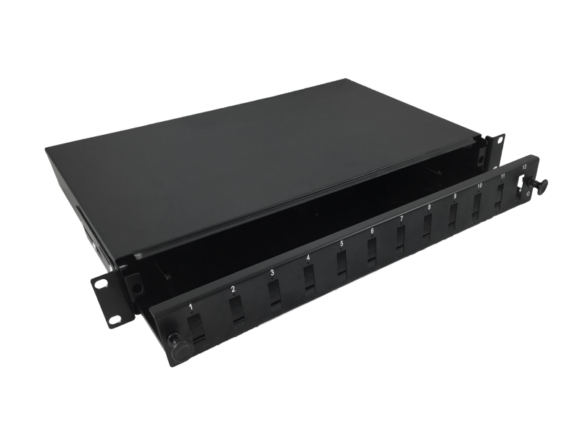Przełącznica światłowodowa 12xSC duplex / 12xLC quad 19" 1U z płytą czołową oraz akcesoriami montażowymi (dławiki, opaski), wysuwalna ALANTEC