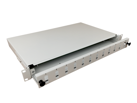 Przełącznica światłowodowa 12xSC duplex / 12xLC quad 19" 1U z płytą czołową oraz akcesoriami montażowymi (dławiki, opaski), wysuwalna   ALANTEC