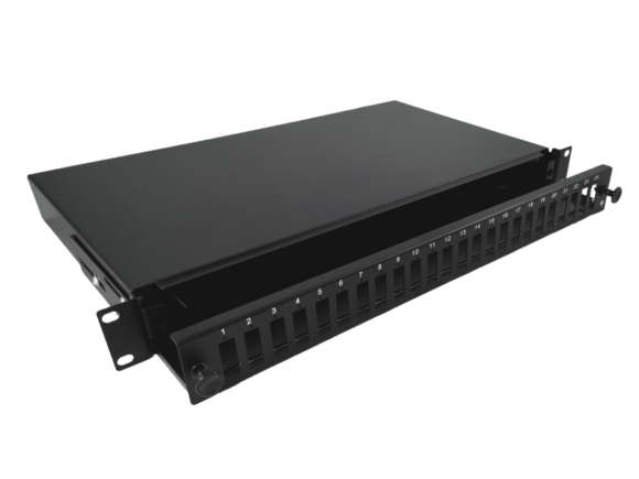 Przełącznica światłowodowa 24xSC duplex / 24xLC quad 19" 1U z płytą czołową oraz akcesoriami montażowymi (dławiki, opaski), wysuwalna ALANTEC
