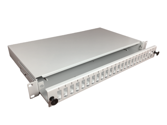 Przełącznica światłowodowa 24xSC duplex / 24xLC quad 19" 1U z płytą czołową oraz akcesoriami montażowymi (dławiki, opaski), wysuwalna ALANTEC