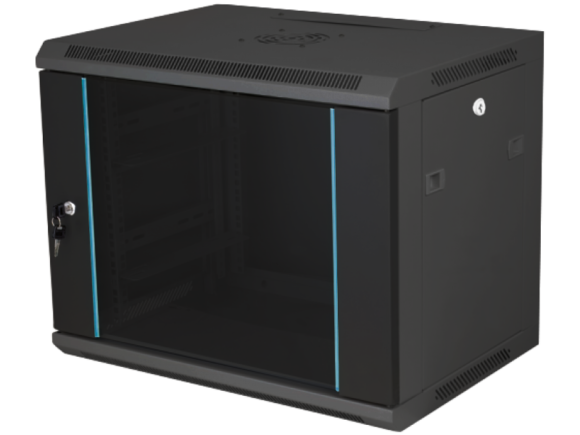 Szafka rack wisząca 19" 12U 600x450, niedzielona, drzwi szklane jednoskrzydłowe, tył osłona pełna, osłony boczne zamykane na klucz, kolor czarny FLAT PACK, Q-LANTEC