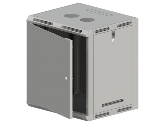Szafa wisząca 19" 12U 600x500, niedzielona, DRZWI METALOWE jednoskrzydłowe, tył osłona pełna, osłony boczne ruchome perforowane, kolor szary, 4 belki, FLAT PACK ALANTEC