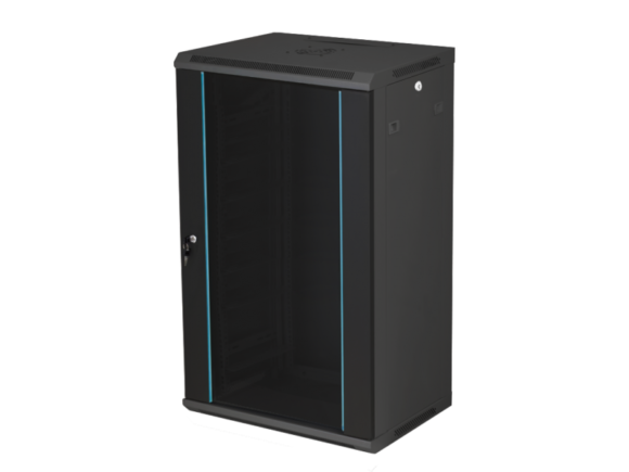 Szafka rack wisz?ca 19" 18U 600x450, niedzielona, drzwi szklane jednoskrzyd?owe, ty? os?ona pe?na, os?ony boczne zamykane na klucz, kolor czarny FLAT PACK, Q-LANTEC