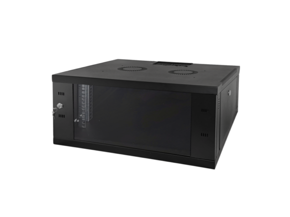 Szafa wisząca 4U, STRONG RACK, 600x450, czarna, drzwi szklane, jednoskrzydłowe, tył osłona pełna, osłony boczne zamykane na klucz, kolor czarny, FLAT PACK ALANTEC