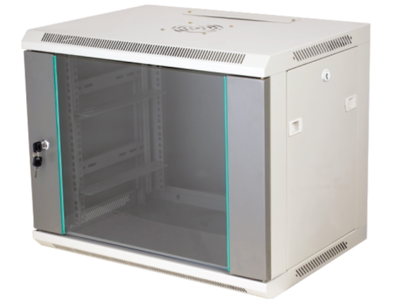 Szafka rack wisząca 19" 9U 600x450, niedzielona, drzwi szklane jednoskrzydłowe, tył osłona pełna, osłony boczne zamykane na klucz, kolor szary Q-LANTEC