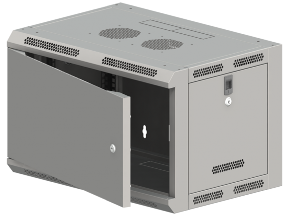 Szafa wisząca 19" 9U 600x500, niedzielona, DRZWI METALOWE jednoskrzydłowe, tył osłona pełna, osłony boczne ruchome perforowane, kolor szary, 4 belki, FLAT PACK ALANTEC