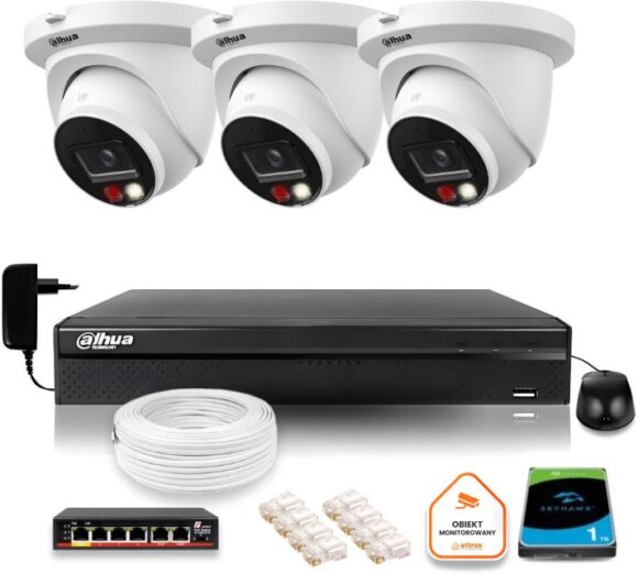 Zestaw monitoringu IP Dahua 8mpx 4K 3 kamery IPC-HDW2849TM-S-IL z dyskiem 1TB